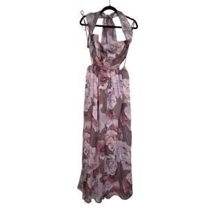 Olia Floral Open Back Floral Evening Gown Prom Large Halter Style Neck Scarf/Tie